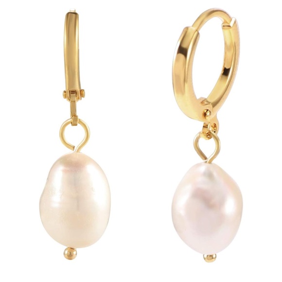 Gold Hoop Huggie Pearl Dangle Drop Earrings NWT - Picture 1 of 5